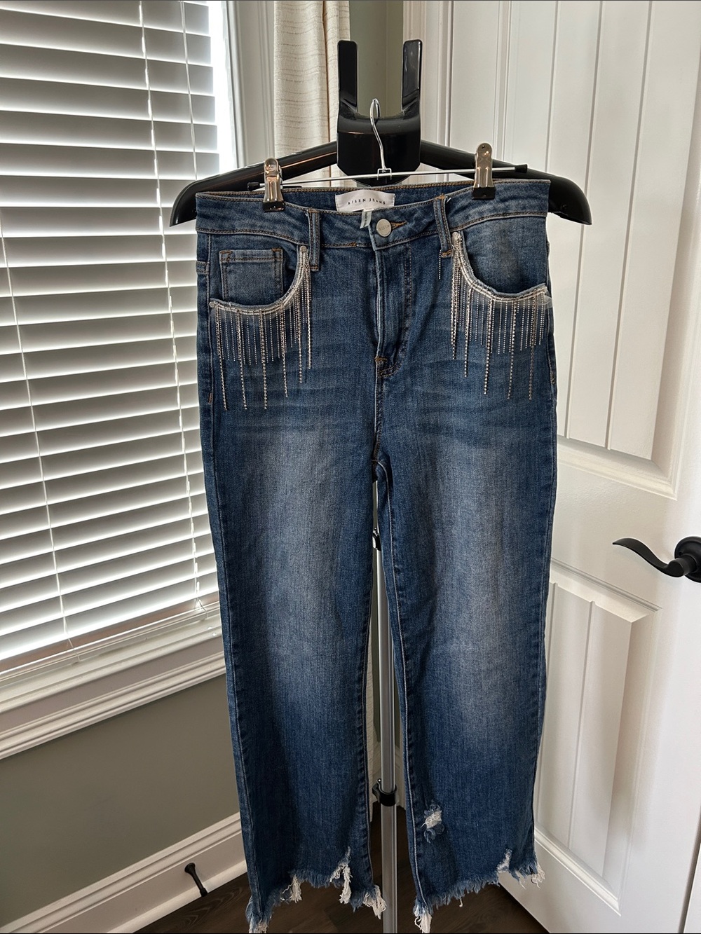 Embellished Fringe Dark Blue Cropped Jeans by RISEN